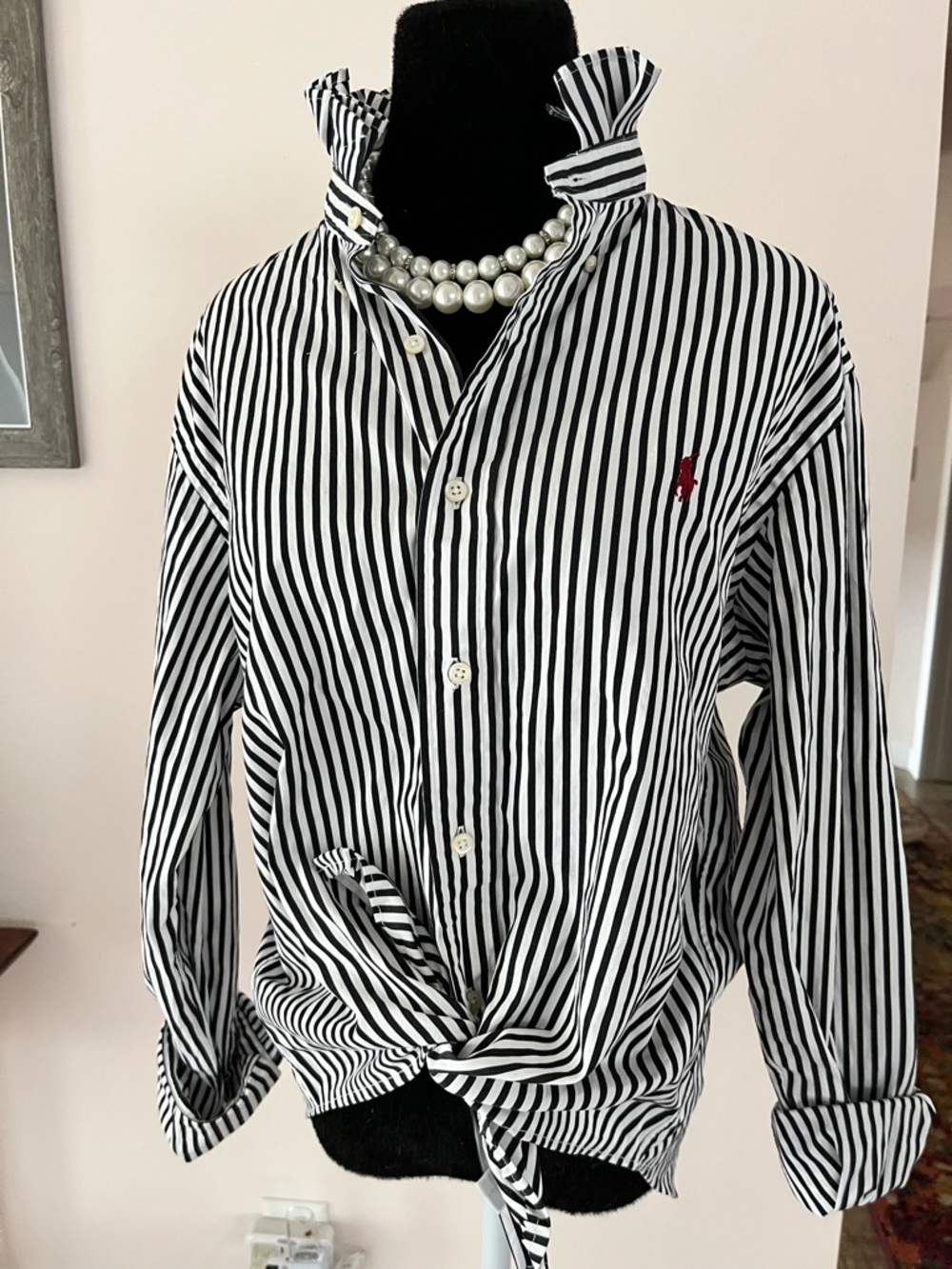 Upcycled Ralph Lauren Black & White Vertical Stripe Button-Down Ruffle collar